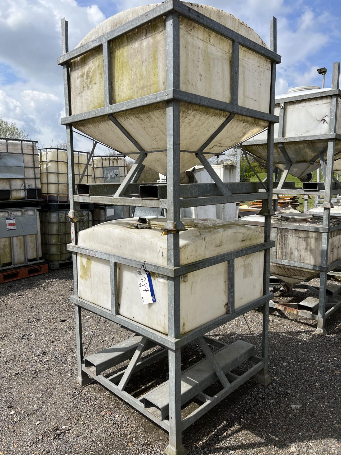 Four IBC Systems Frames, with plastic containers (some with outlet valves fitted), 750 litre - Image 3 of 4