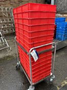 Mobile Trolley, with 15 red trays, trays approx. 74cm x 42cm x 8cm high, trolley 0.82m x 0.52m x
