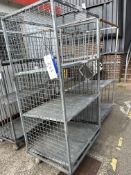 Two Mobile Caged Storage Racks, with three shelves sloping, approx. 0.9m x 0.75 x 1.85m high, lift