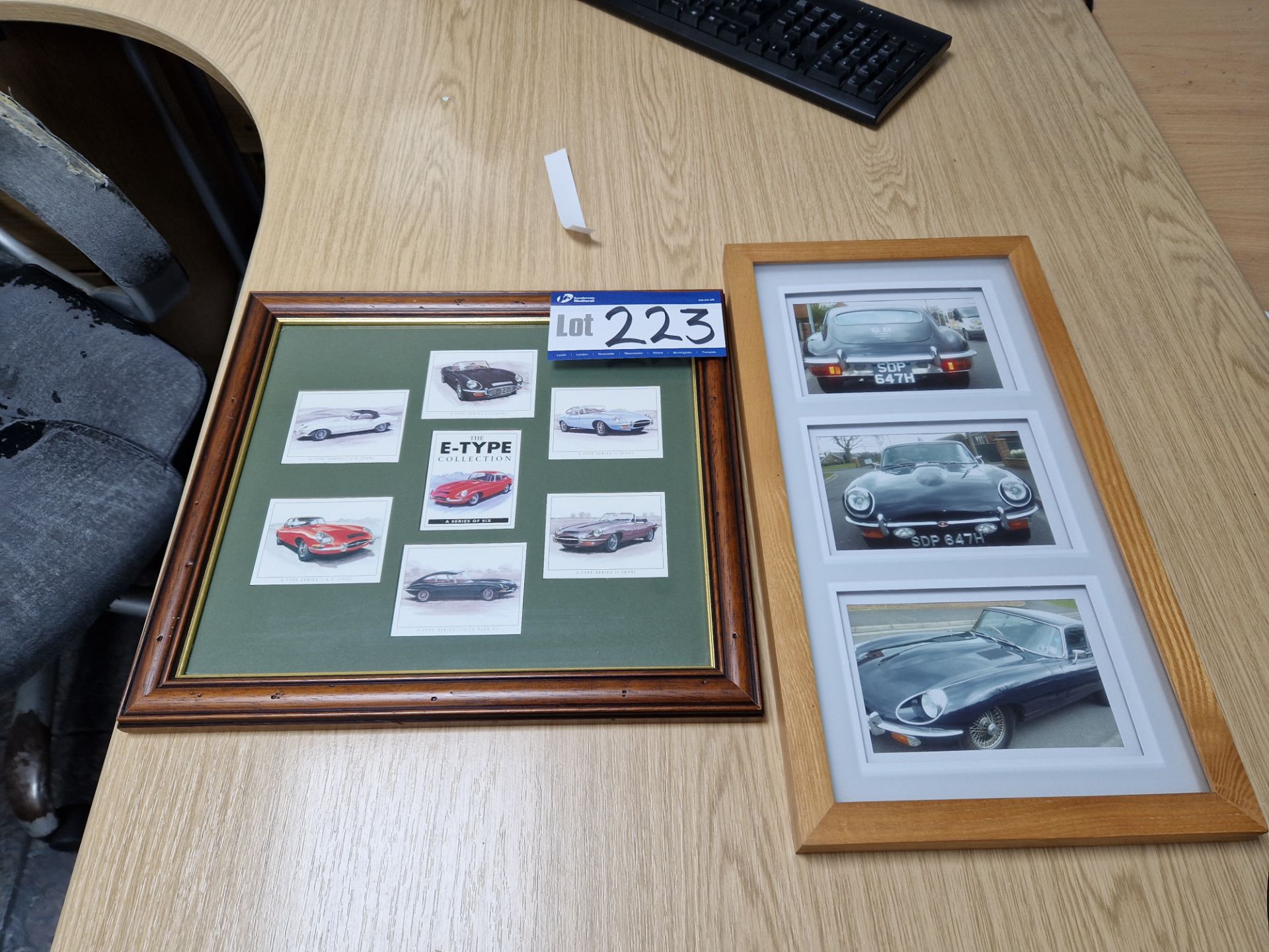 Framed ‘The E Type Collection’ Cigarette Cards, with framed photographs of E Type JaguarPlease