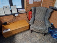 Two Wing Back Upholstered Arm Chairs, with two drawer coffee tablePlease read the following