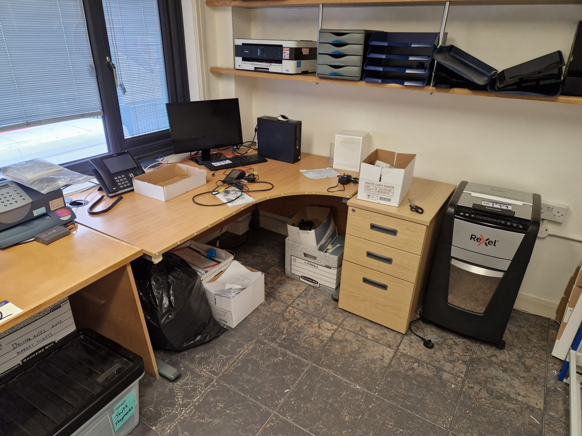 Furniture Contents to Office, including two leather effect chairs, two light oak veneer cantilever