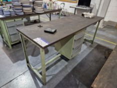 Metal Framed Wooden Top Pedestal Workbenches, Approx. 2m x 0.7m x 0.85mPlease read the following