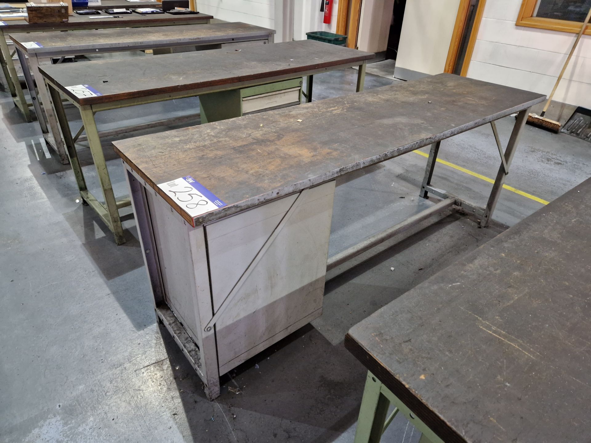 Metal Framed Wooden Top Pedestal Workbenches, Approx. 2m x 0.6m x 0.85mPlease read the following