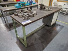 Metal Framed Wooden Top Pedestal Workbenches, Approx. 2m x 0.7m x 0.85mPlease read the following