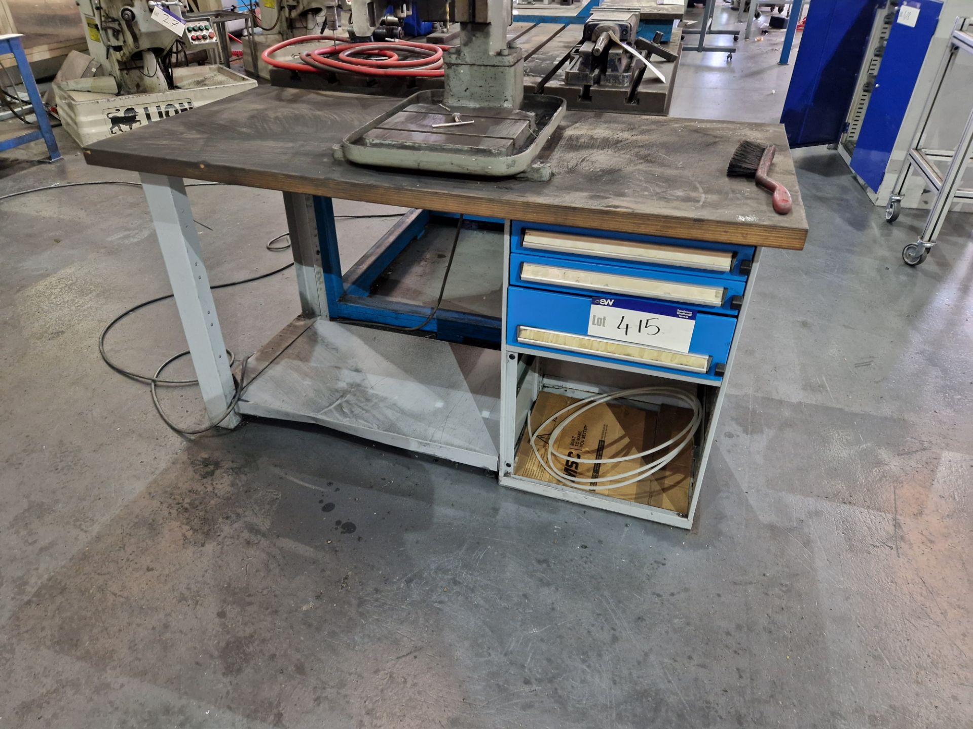 Metal Framed Wooden Top Pedestal Workbench, Approx 1.5m x 0.7m x 0.85mPlease read the following