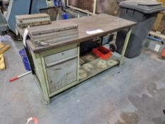 Metal Framed Wooden Top Pedestal Workbenches, Approx. 2m x 0.7m x 0.85mPlease read the following