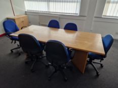 Boardroom Table, 2.13m x 0.9m, with six blue upholstered swivel chairsPlease read the following