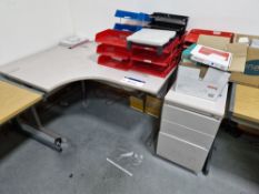 Two Curved Cantilever Framed Desks. With three drawer pedestalPlease read the following important