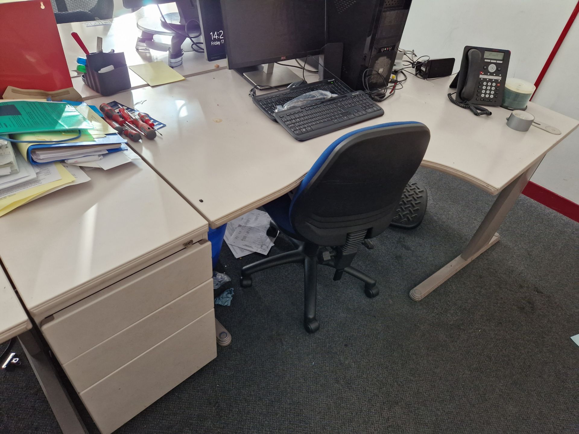 Two Curved Cantilever Framed Desks, with three drawer pedestal and blue upholstered swivel - Image 2 of 2