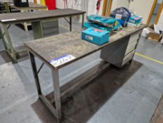 Metal Framed Wooden Top Pedestal Workbenches, Approx. 2m x 0.6m x 0.85mPlease read the following