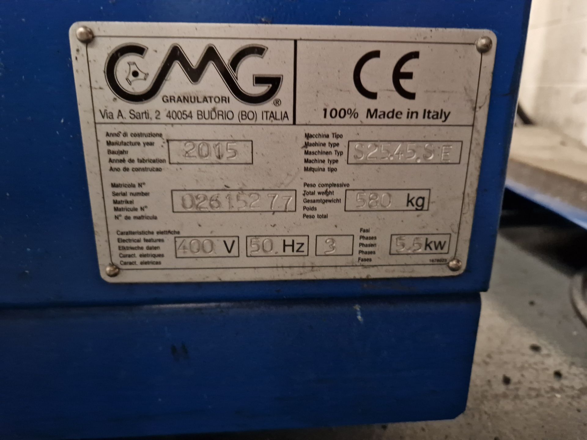 CMG PLASTICS S2545.SE Granulator, Serial No. 02615277, YoM 2015Please read the following important - Image 4 of 4