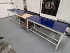 Two Plastic Top Metal Framed Workbenches & Two Tier Metal Framed Side BenchPlease read the following