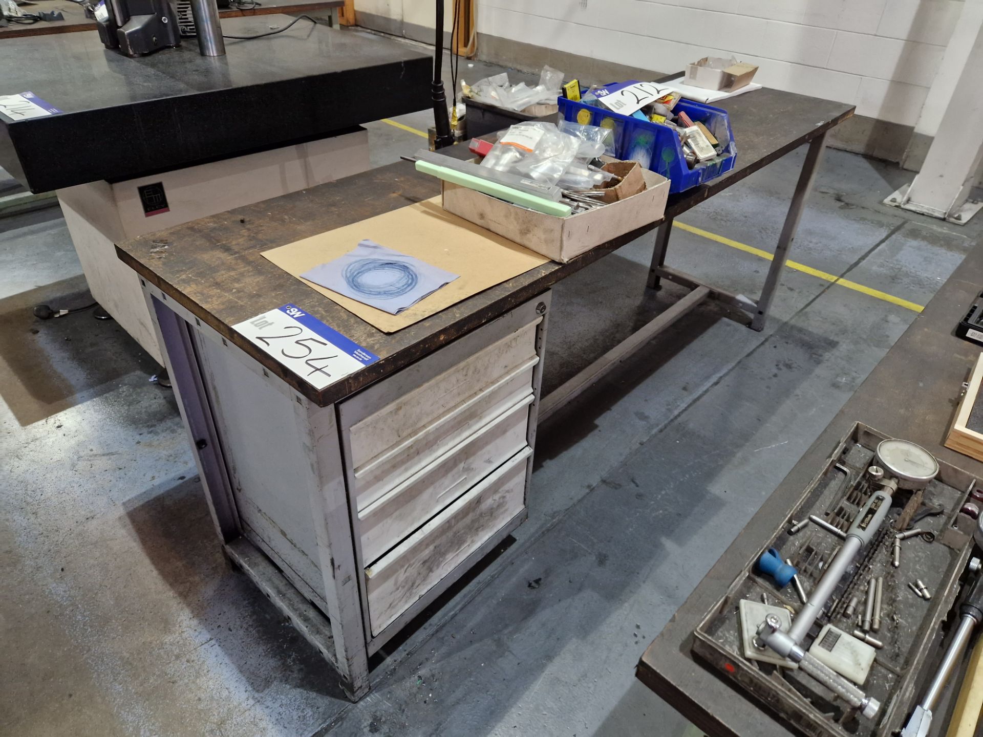 Metal Framed Wooden Top Pedestal Workbenches, Approx. 2m x 0.6m x 0.85mPlease read the following