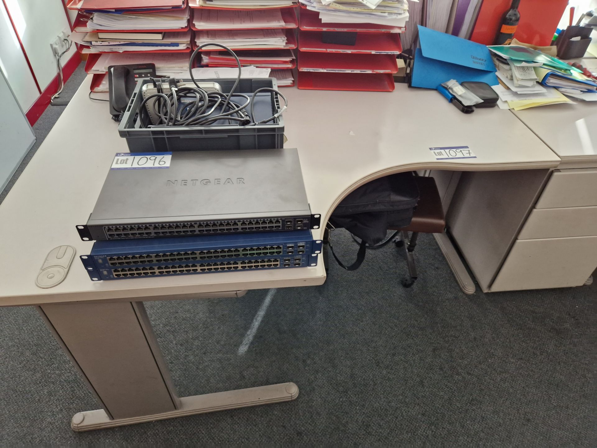 Two Curved Cantilever Framed Desks, with three drawer pedestal and blue upholstered swivel