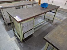 Metal Framed Wooden Top Pedestal Workbenches, Approx. 2m x 0.7m x 0.85mPlease read the following