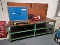 Three Tier Steel Framed Wooden Top Workbench with Backboard, Approx. 2.45m x 0.9m x 1.75mPlease read