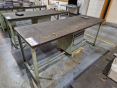 Metal Framed Wooden Top Pedestal Workbenches, Approx. 2m x 0.7m x 0.85mPlease read the following