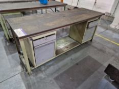 Metal Framed Wooden Top Two Pedestal Workbenches, Approx. 2m x 0.7m x 0.85mPlease read the following