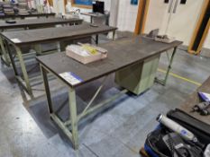 Metal Framed Wooden Top Pedestal Workbenches, Approx. 2m x 0.7m x 0.85mPlease read the following