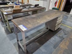 Metal Framed Wooden Top Pedestal Workbenches, Approx. 2m x 0.6m x 0.85mPlease read the following