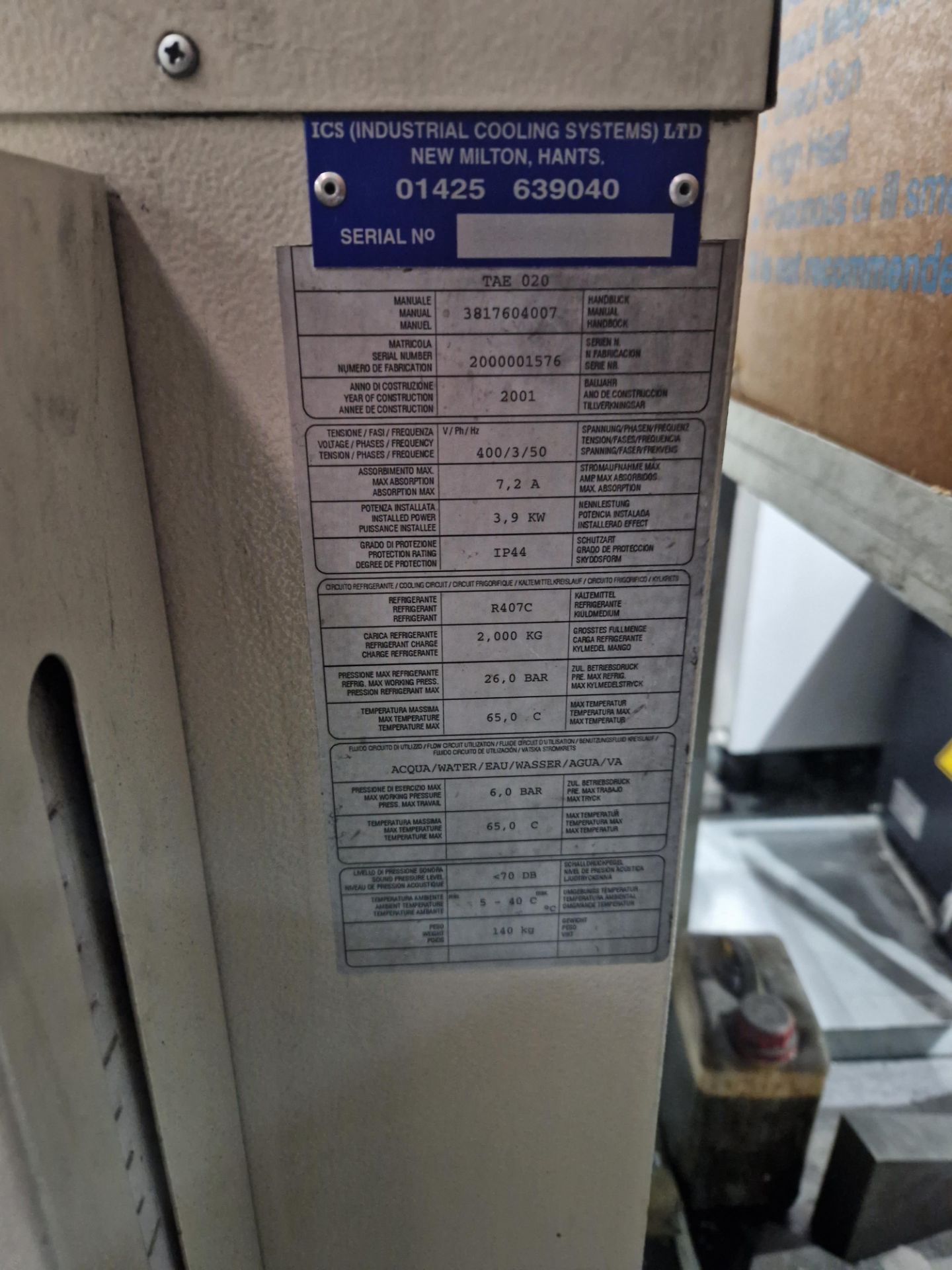 TAE 020 Chiller Unit, Serial No. 2000001576Please read the following important notes:-Collections - Image 4 of 4