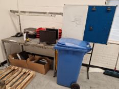 Metal Framed Workbench, Floor Standing Notice Board/Whiteboard & 2 MonitorsPlease read the following