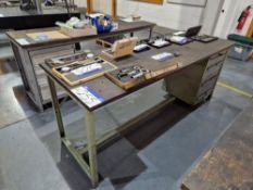 Metal Framed Wooden Top Pedestal Workbenches, Approx. 2m x 0.7m x 0.85mPlease read the following