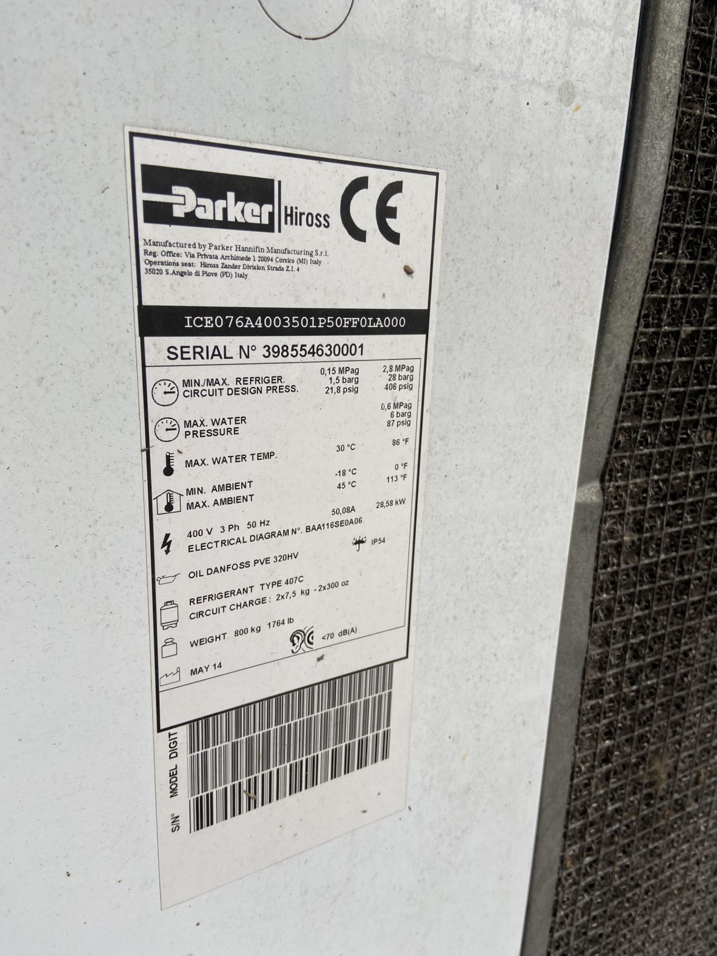 Parker Hiross ICEO76A4003501 P50FF0LA000 HYPERCHILL WATER CHILLER UNIT, serial no. 398554630001 ( - Image 5 of 5