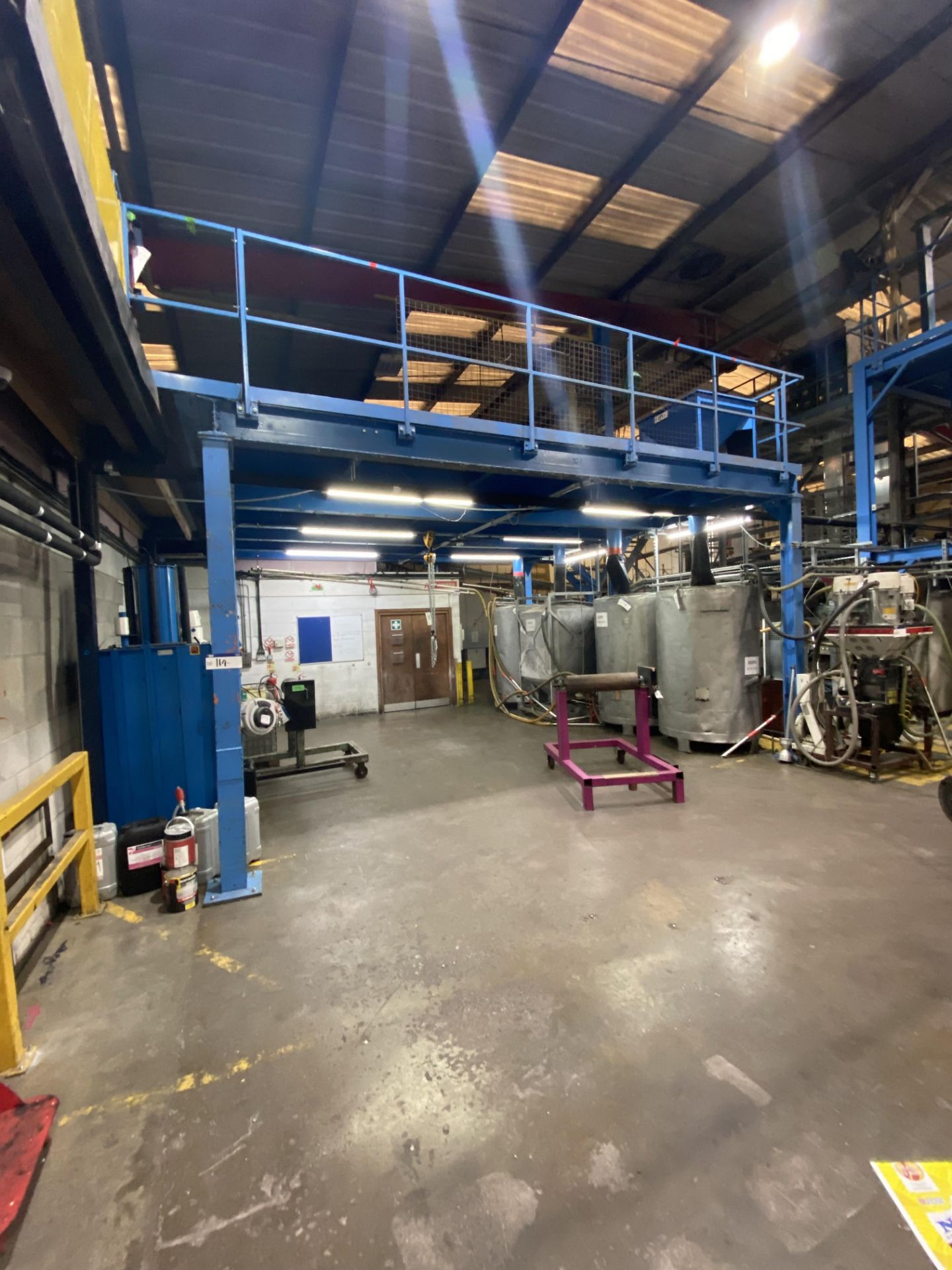 BOLTED STEEL FRAMED MEZZANINE FLOOR, approx. 6.5m x 6.3m, 3.2m to floor height, with bolted steel