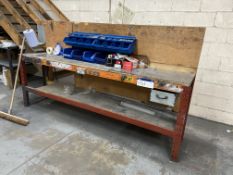 Racking Frame Steel Bench, approx. 2.8m x 520mm, with plastic stacking bins and assorted nuts and