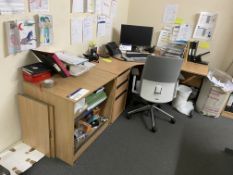 Curved Front Light Oak Laminated Cantilever Framed Desk, with two desk pedestals, cabinet and fabric