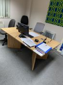 Light Oak Laminated Desk, with three fabric upholstered swivel chairsPlease read the following