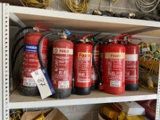 Assorted Powder & Foam Fire Extinguishers, as set out on one tier of rackPlease read the following