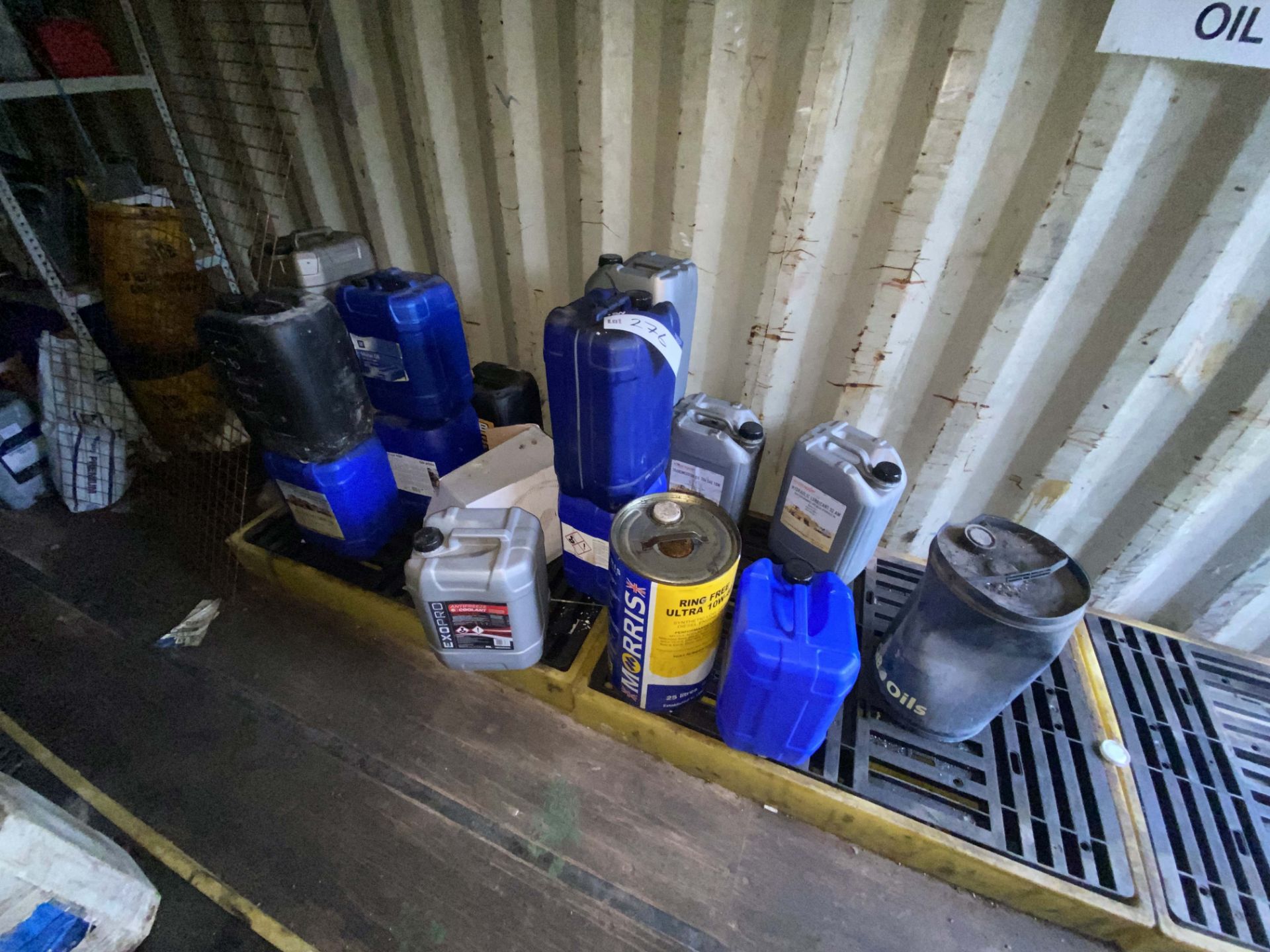 Assorted Drums, including hydraulic lubricant, transmission oil, motor oil, antifreeze, as set out
