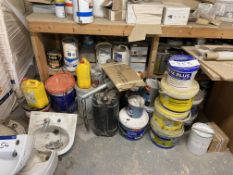 Assorted Tubs of Vinyl Matt & Wall Covering Adhesive, as set out, with paints, gloss, varnish and