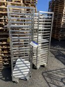 Four Stainless Steel Framed Mobile Tray Racks, each approx. 1.8m x 500mm x 530mmPlease read the