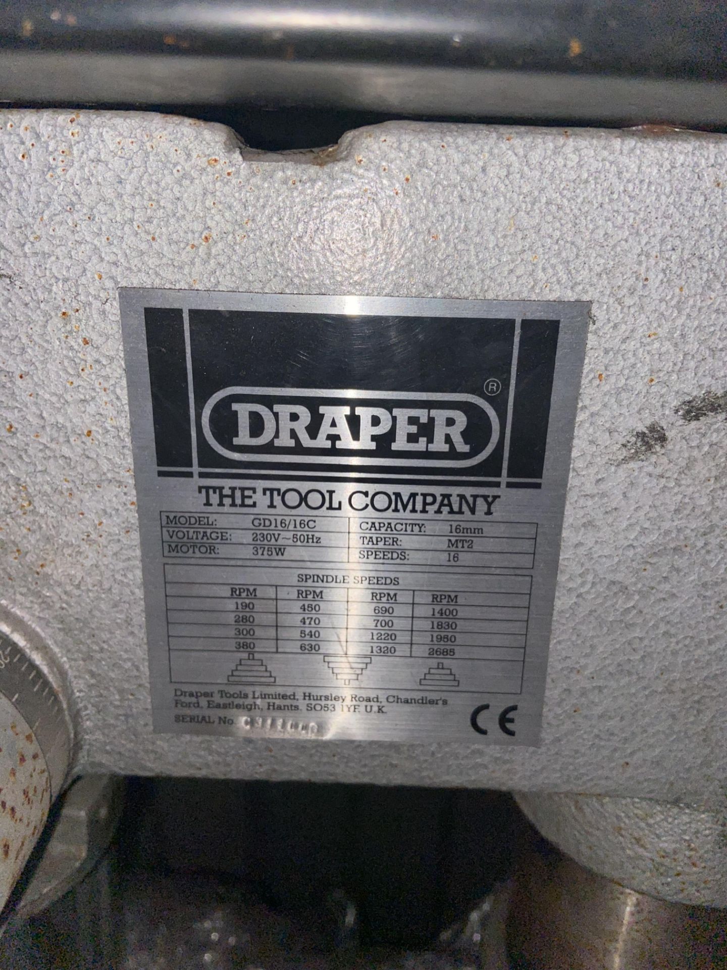 Draper GD16/16C Pillar Drill, on fabricated steel stand, 230VPlease read the following important - Image 2 of 2