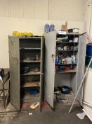 Two Double Door Steel Cabinets, with contents including cable, antifreeze, grease, adhesives and