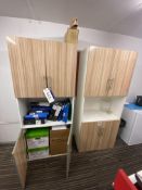 Two Laminated Pedestal Desks, with acoustic wall and single door refrigeratorPlease read the