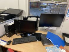 HP Intel Core i5 Personal Computer (hard disk removed), with two flat screen monitors, desk arm