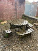Two Circular Timber Picnic Benches, with three assorted chairsPlease read the following important