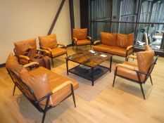 2 Tan Leather Steel Framed 2 Seat Sofas, 4 Matching Armchairs, Burnt Wood Effect Coffee Table and