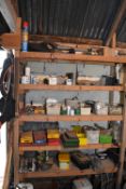 Assorted Consumables & Equipment, on five shelves x three bays of timber rack, including fastenings,