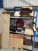 Assorted Equipment, as set out on racking, including toolboxes and cardboard, with fanPlease read