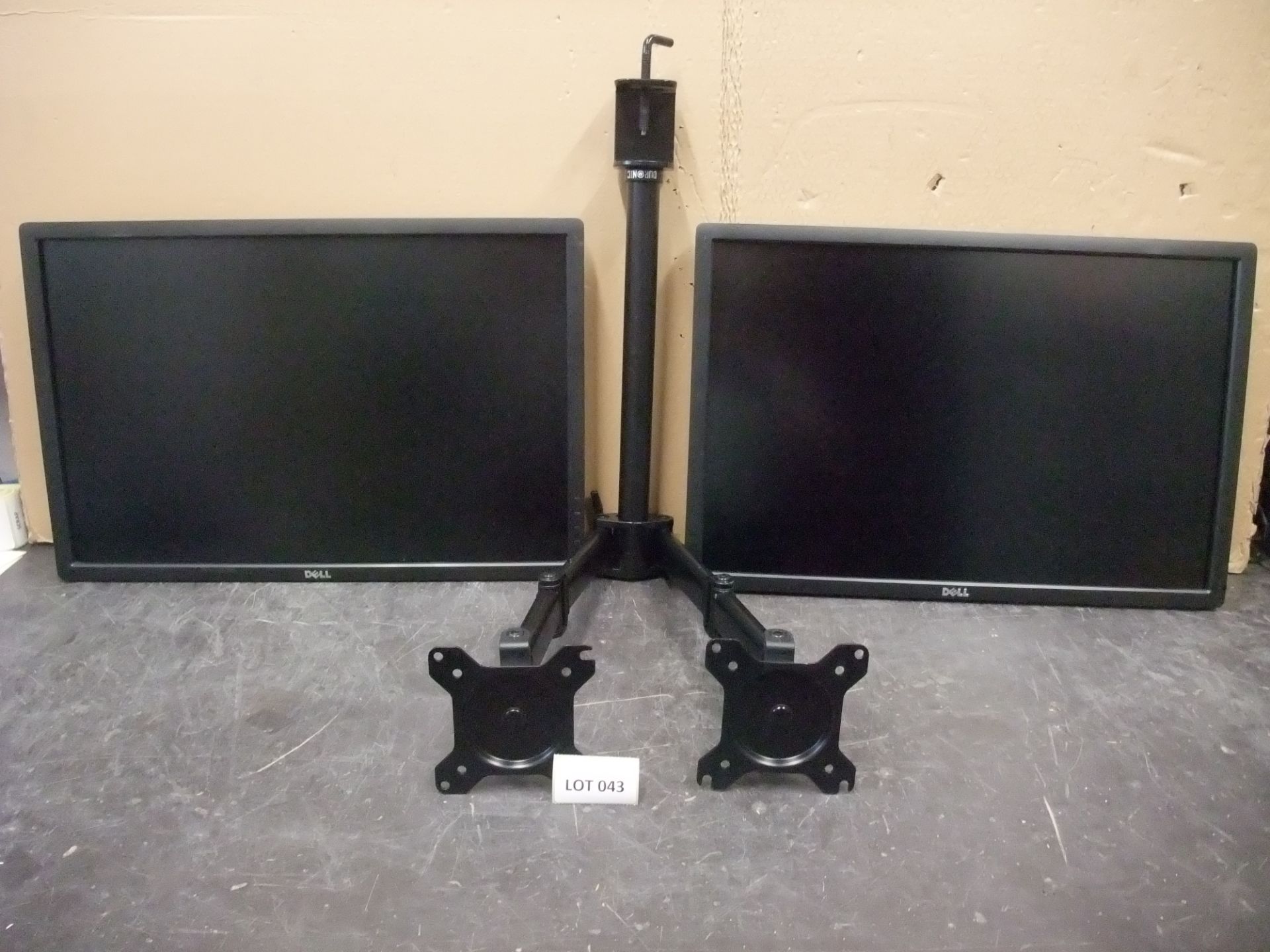 Two Dell U2412 24in. Monitors with twin deskmount monitor armsPlease read the following important