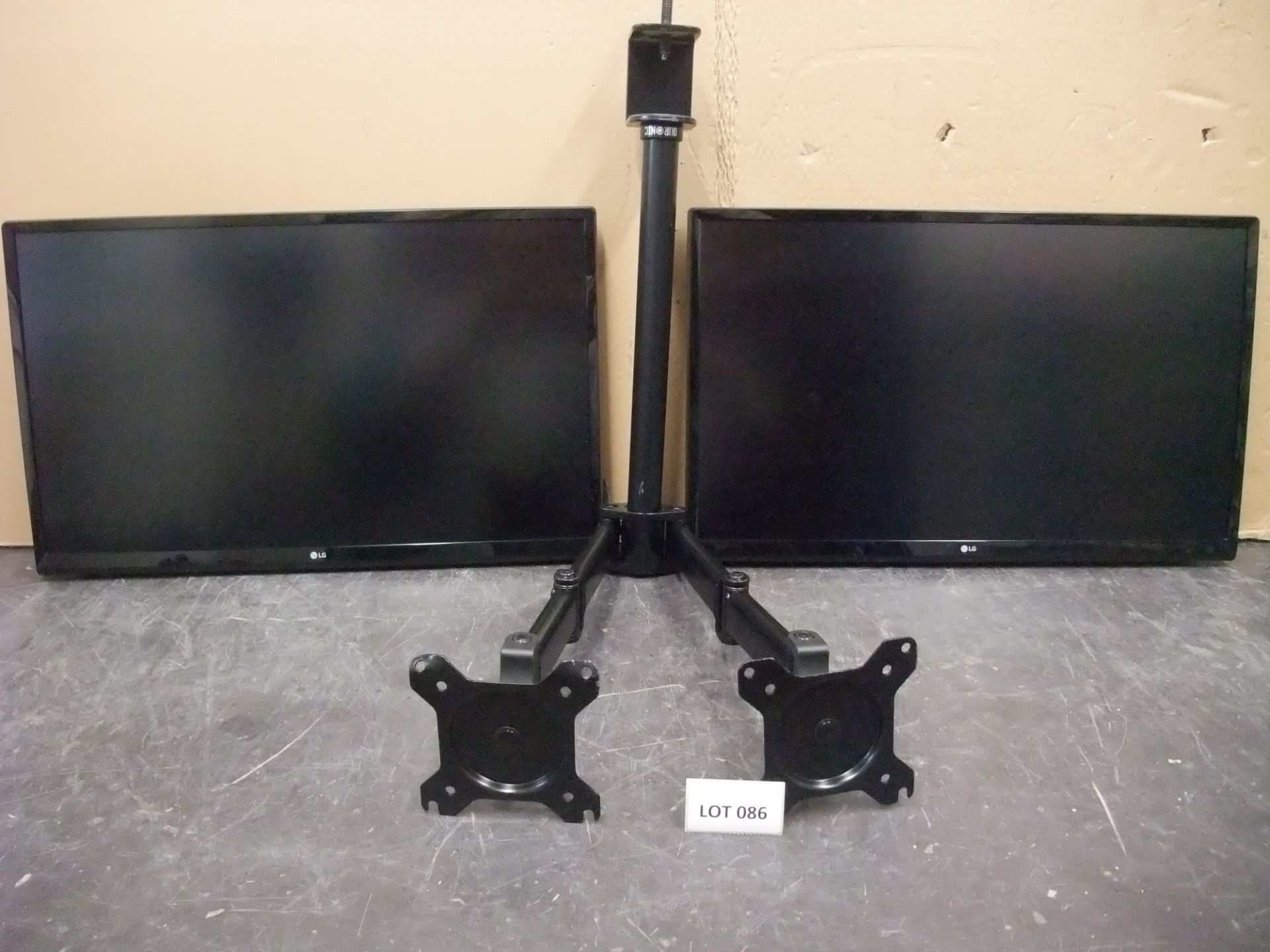 Two LG 24UD58-B 24in. monitors with twin deskmount monitor armsPlease read the following important