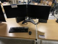 Two HP Flat Screen Monitors, with keyboard, mouse, Cisco telephone handset and monitor arm