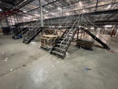 Steel Framed Access Walkway/ Staging, overall footprint approx. 9.8m x 1.9m, with five staircases