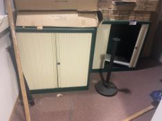 Three Bisley Tambour Door Cabinets, with fabric upholstered swivel armchair and barrier, Lots